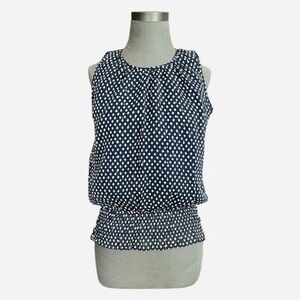 COLLECTIVE CONCEPTS Navy Blue Beige Polka Dot Smocked Waist Sleeveless Blouse M